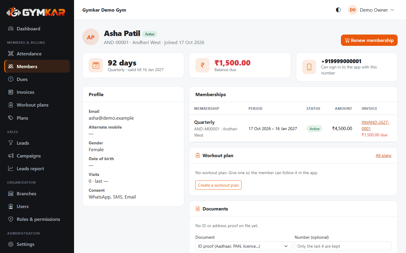 Step 2: a member's page with an active yearly membership and balance due